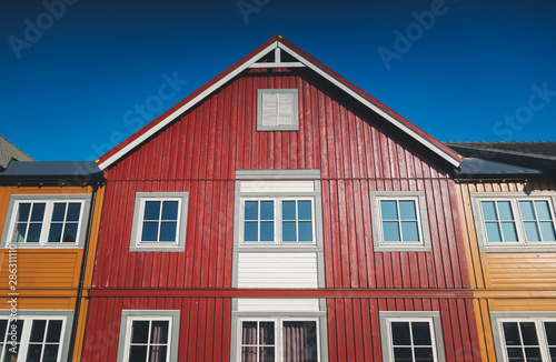 facade of a traditional Rorbu red house on Lofoten islands, Scandinavian architecture details