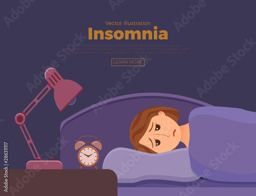 Sleepless woman face cartoon character suffers from insomnia.