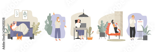 Set of vector illustrations of people suffering from a cold in different situations at work and at home