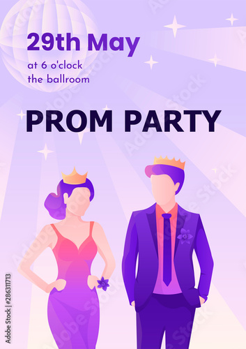 Young and beautiful prom king and queen colorful vector poster template.