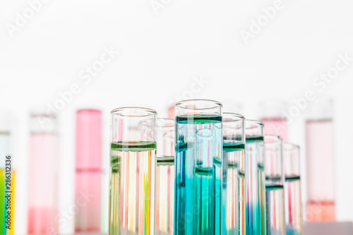 Still life in laboratory. Test tubes with colorful chemicals