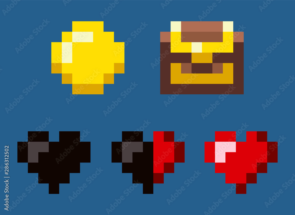 Coin and chest awards, heart object on blue, lose life, squared symbols of pixel game in flat design style, adventure geometric sign set, find vector. Pixelated mobile app video-game