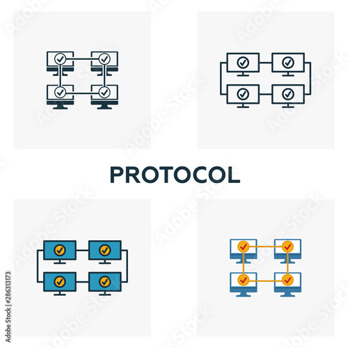 Protocol icon set. Four elements in diferent styles from blockchain icons collection. Creative protocol icons filled, outline, colored and flat symbols