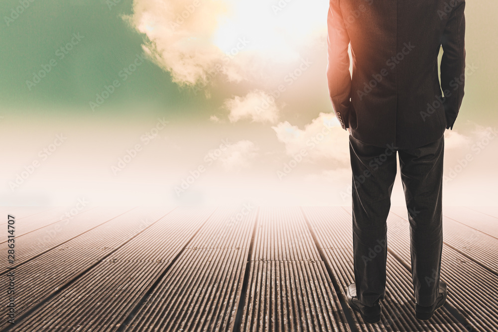 Back view of businessman stand on wooden floor and facing toward empty sky and flare sunlight , Target goal and success business concept Back view of businessman stand on wooden floor and facing toward empty sky and flare sunlight , Target goal and success business concept