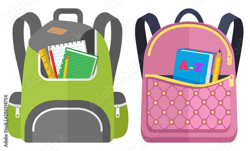 Colored school backpack. Education and study back to school, schoolbag luggage, rucksack vector illustration. Kids school bag with education equipment. Backpacks with study supplies. Student satchels