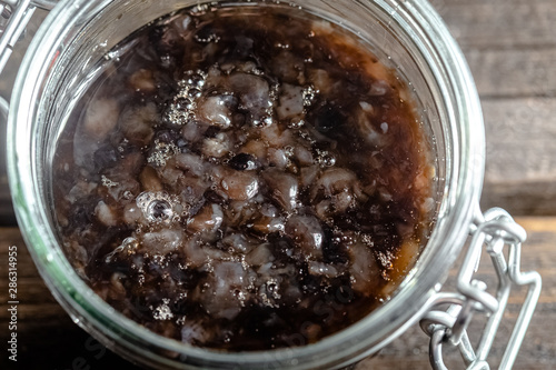 sea cucumber or trepang, cut into small pieces, in a jar of glass, metal spoon, wooden cutting table, dark light photo