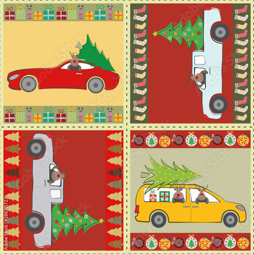 Beautiful patchwork Christmas design with reindeer, trucks, cars and Christmas trees in red, green, gold. Seamless vector pattern. Great for giftwrap, stationery, packaging, invitations, graphic use