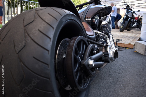 Motorcycle with wide wheels. A beautiful powerful motorcycle is the dream of any man.
