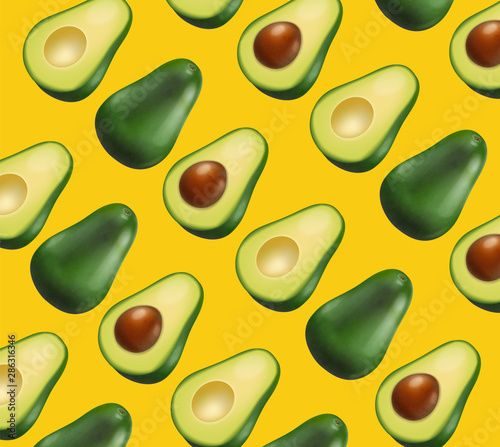Avocado pattern vector realistic. Yellow bright background. 3d illustrations