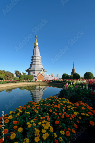 The pagoda on the top of Doi Inthanon reflects the water.
