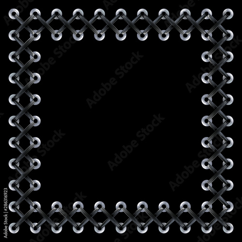 Square Lace Frame with place for title. Black Gothic Latex or Silk fabric strip on a dark background, Corset lacing weaving ribbon border for Halloween banner, wedding invitation, greeting card Vector