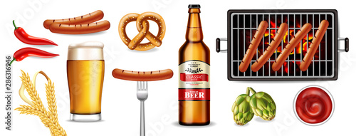 Beer, pretzel and grilled sausage Vector realistic. Food fest banner detailed 3d illustrations