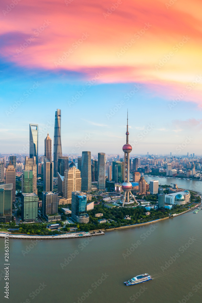 Fototapeta premium Aerial view of Shanghai skyline at sunset,China.