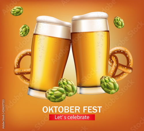 Beer mugs banner October fest Vector realistic. Fresh sparkling beer with pre...