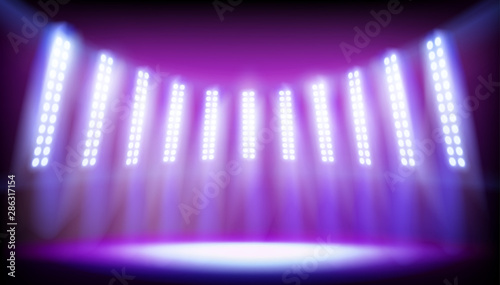 Stage on the stadium illuminated by spotlights. Empty place for exposition. Vector illustration.