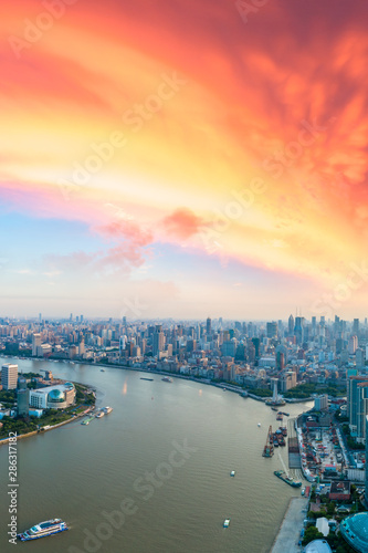 Aerial view of Shanghai skyline at sunset,China. © ABCDstock