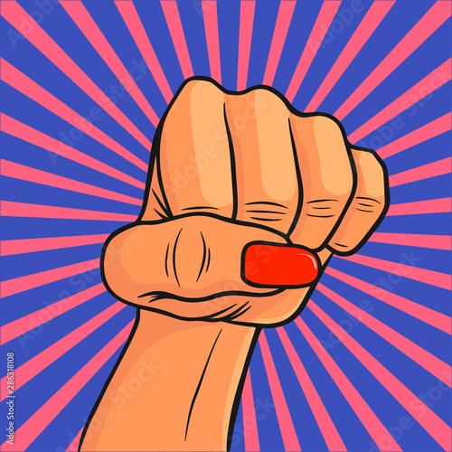 Woman's hand with her fist raised up. Girl Power. Feminism concept. Realistic style vector illustration in pink pastel goth colors. Sticker, patch graphic design.