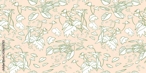 Modern exotic jungle leaf pattern. Scattered botanical leaf, line art doodle style, in pastel green an pink tones. Perfect for packaging design, home decor, fabric wallpaper and stationary.