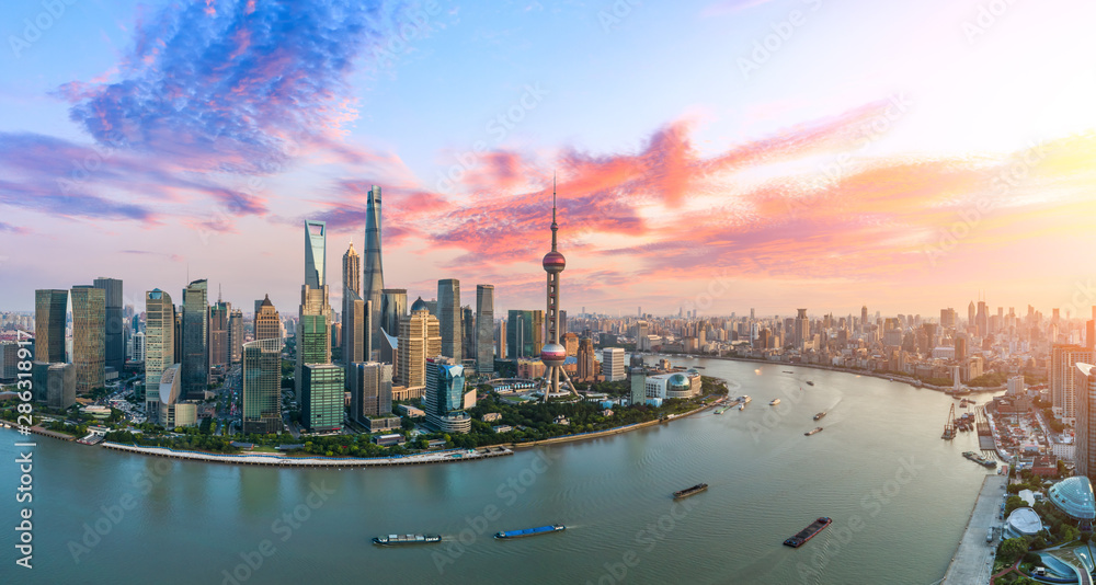 Aerial view of Shanghai skyline at sunset,China.