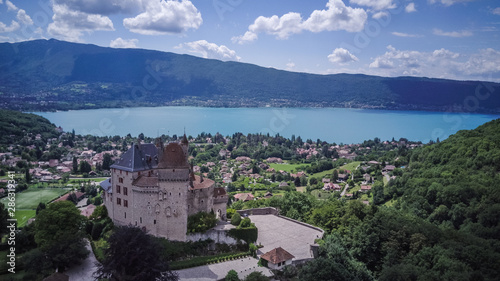 Annecy city, lake and castle from above, in southeastern France