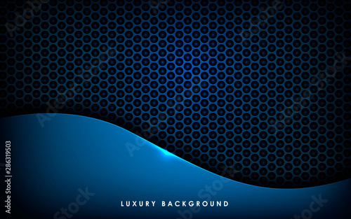 Dark abstract background with blue wave overlap layers. Realistic dimension rectangle shape with golden glitters dots element decoration. 3D Backdrop.