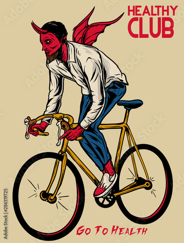 Devil riding bicycle illustration. Go to health. Satan bicycle vector illustration for t-shirt design, poster, phone case, and wallpaper