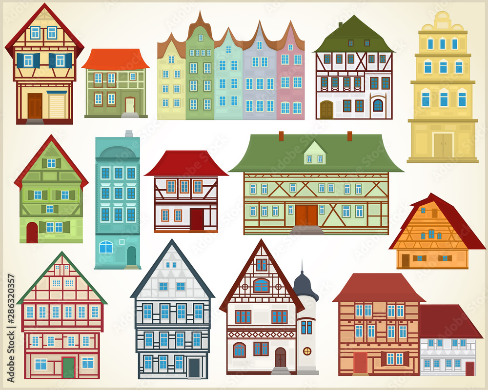 Set of vector houses and buildings in European style on a light background.