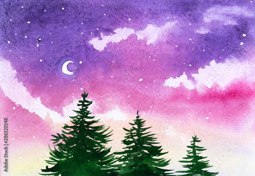 Fir trees on sunset starry sky background  watercolor landscape