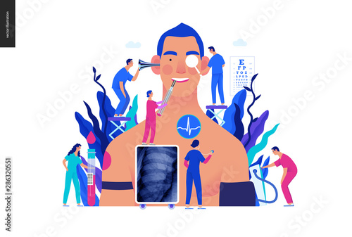 Annual health checkups -medical insurance illustration -modern flat vector concept digital illustration -doctors examing male patient checking hearing, vision, heart, lungs, blood pressure, blood test