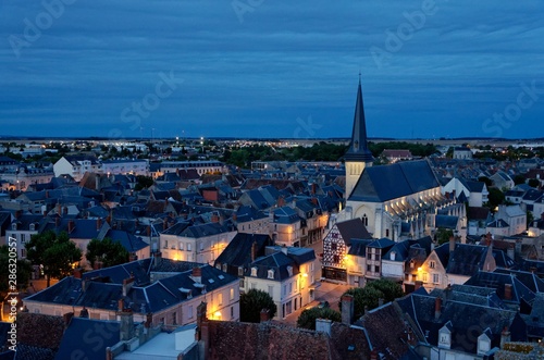 Aerial view of a french town at twilight