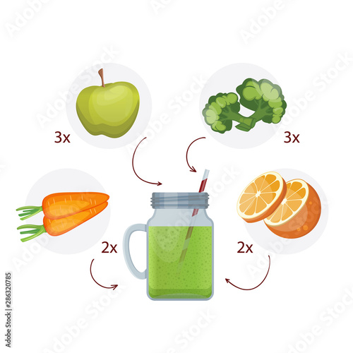 Detox cleanse drink concept, red vegetable smoothie. Natural, organic healthy juice in bottle for weight loss diet. Carrots, Apple, broccoli and oranges. 