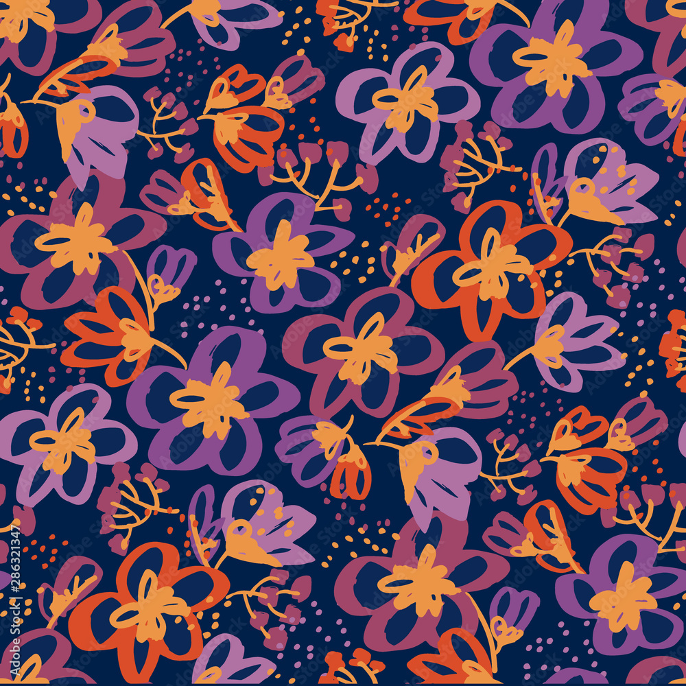 Sketch style abstract flowers seamless pattern