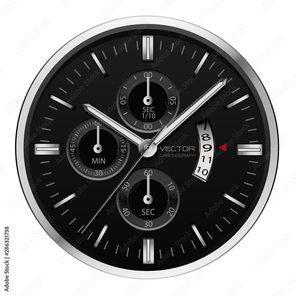 Realistic black silver clock watch chronograph on white background vector illustration. Realistic black silver clock watch chronograph on white background vector illustration.