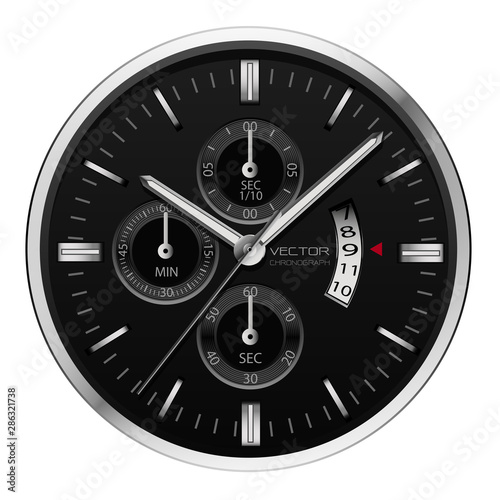Realistic black silver clock watch chronograph on white background vector illustration.