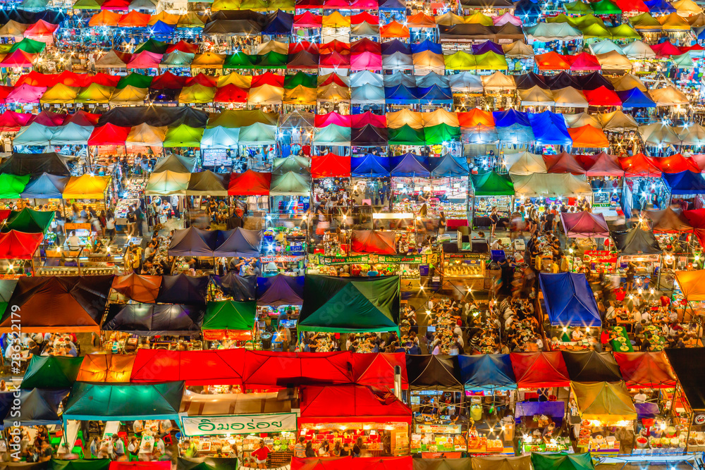 Train Night Market Ratchada, Bangkok Thailand. The famous Bangkok night Market. Coulour full Market. Night barzar