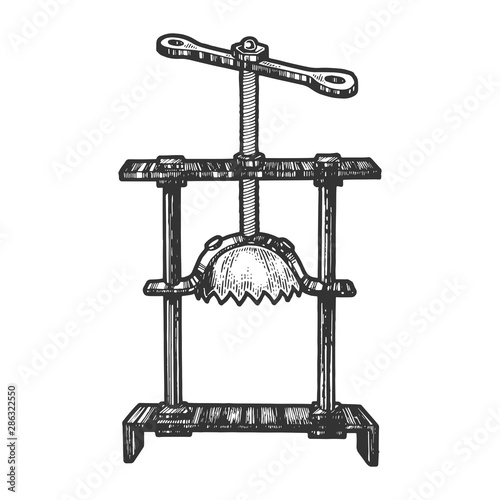 Head crusher medieval torture device sketch engraving vector illustration. Scratch board style imitation. Hand drawn image.
