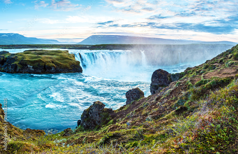 Exciting beautiful landscape with one of the most spectacular waterfalls in Iceland Godafoss on the river Skjalfandafljot. Exotic countries. Amazing places. (Meditation, antistress - concept).