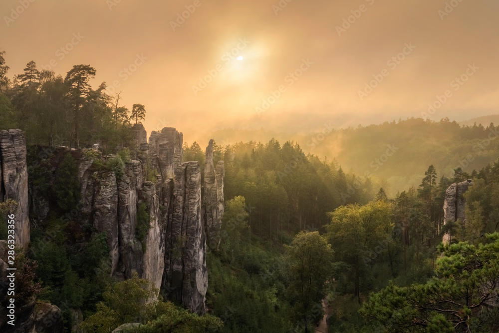 Fairy sunset over Prachovske skaly - Rock towns and formations, Czech Republic