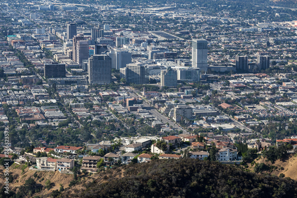 Hilltop homes and downtown Glendale near Los Angeles and Burbank in Southern California.