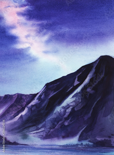 Watercolor landscape. Dark high mountains. Water is a river or lake. Deep blue sky with the Milky Way or an elongated cloud of an airplane trail. Hand drawn illustration.