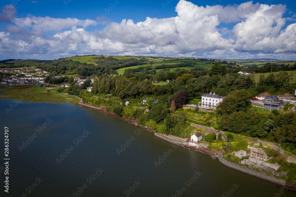 Aerial view of Laugharne in Wales, the location of the writer Dylan Thomas Boathouse