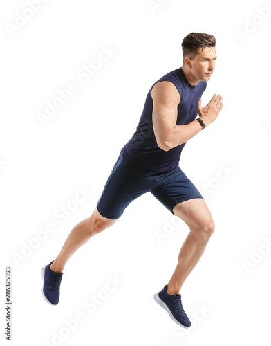 Running young man on white background