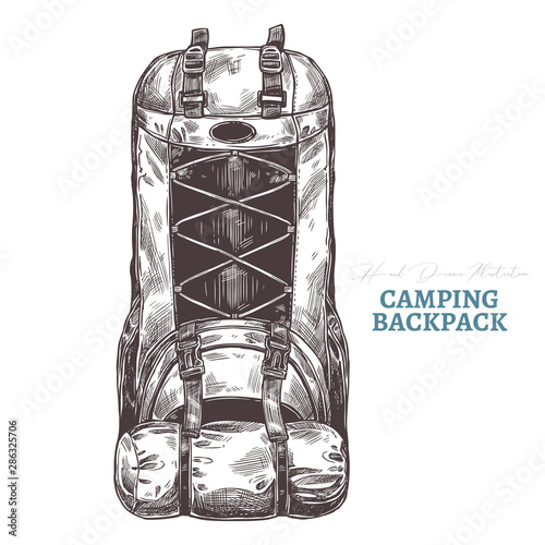 Hand drawn camping backpack. Isolated vector illustration in sketch engraving style. Touristic accessories and equipment