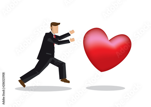 Man in suit chasing a giant heart. Concept of needing love, sex seduction, affectionate or harassment.