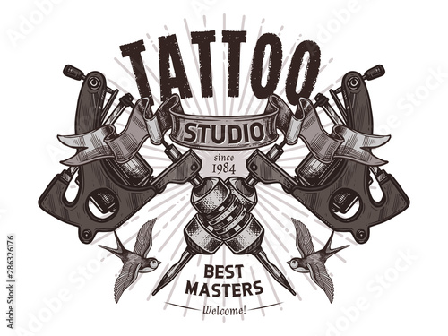 Tattoo studio engraving vector logo. Template of emblem for tattooist. Badge with two crossed machines on black