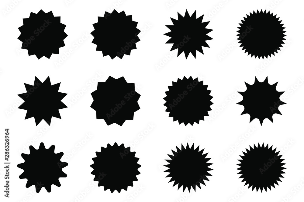 Set of vector starburst, sunburst badges. Black icons on white background. Simple flat style vintage labels, stickers. Set of vector starburst, sunburst badges. Black icons on white background. Simple flat style vintage labels, stickers.