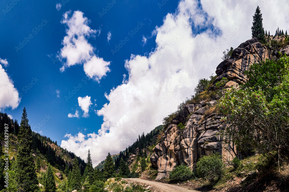 Fototapeta premium Mountain valley in the summer. A fabulous view of the mountain peaks, amazing nature. Mountain forest road. Green mountains with tall fir trees. The road goes up the mountain river