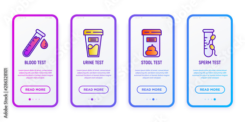 Medical analizes user mobile interface. Thin line icons: blood test, urine, stool, sperm. Laboratory research. Modern vector illustration for mobile app.