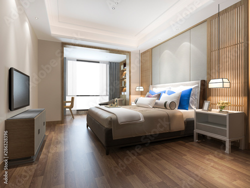 3d rendering luxury blue modern bedroom suite in hotel