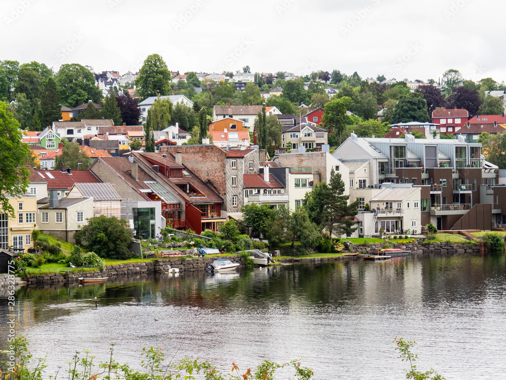 Trondheim/Norway - July, 6 2019: View of the city and the river